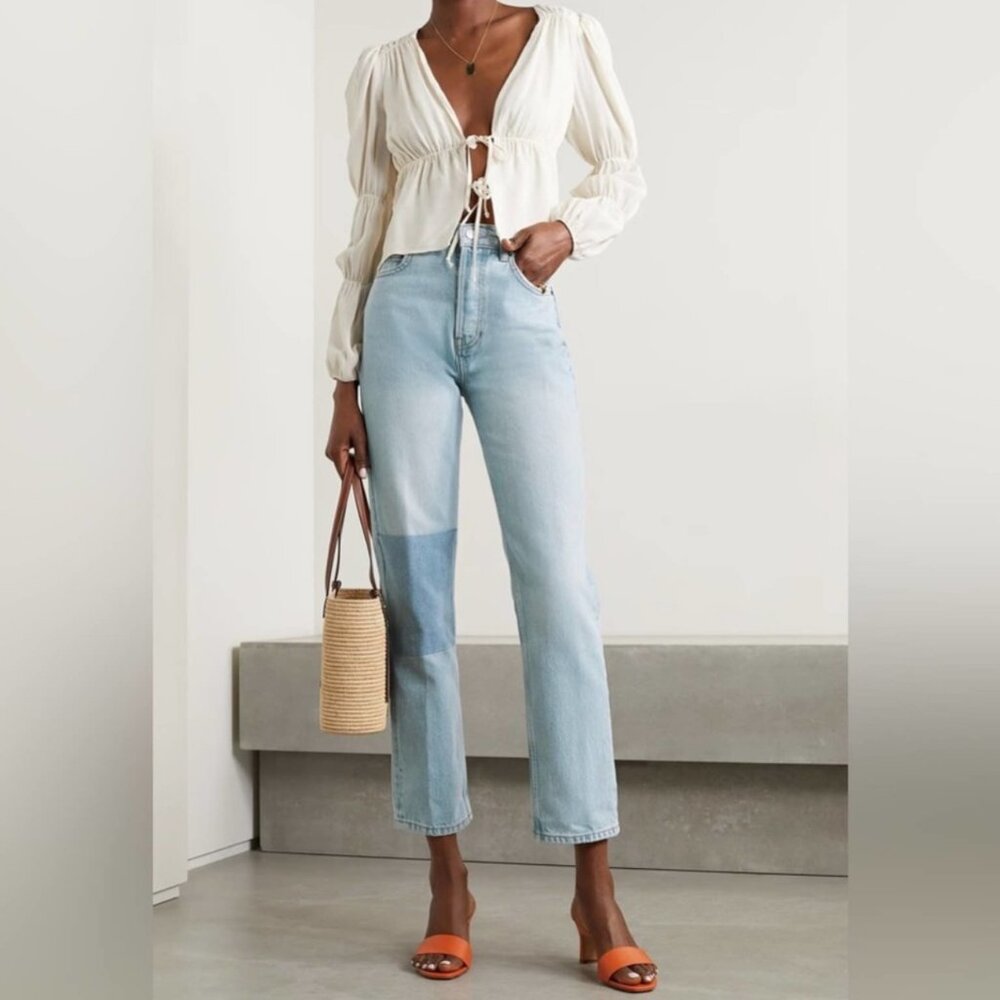 Reformation Cynthia High Rise Straight Leg Patch Jeans Tahoe Light Wash 26 - Picture 2 of 16